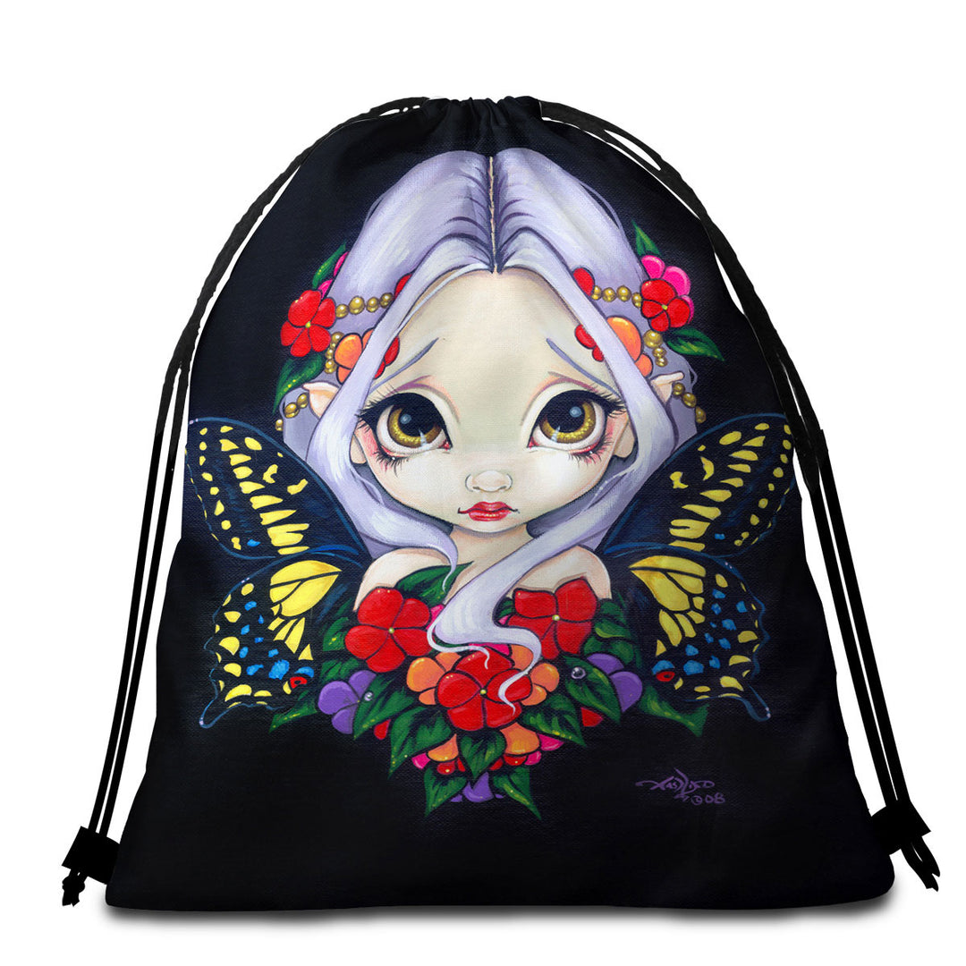 Lovely Beach Towels and Bags Set Big Eyed Fairy and Flowers Impatiens Fairy