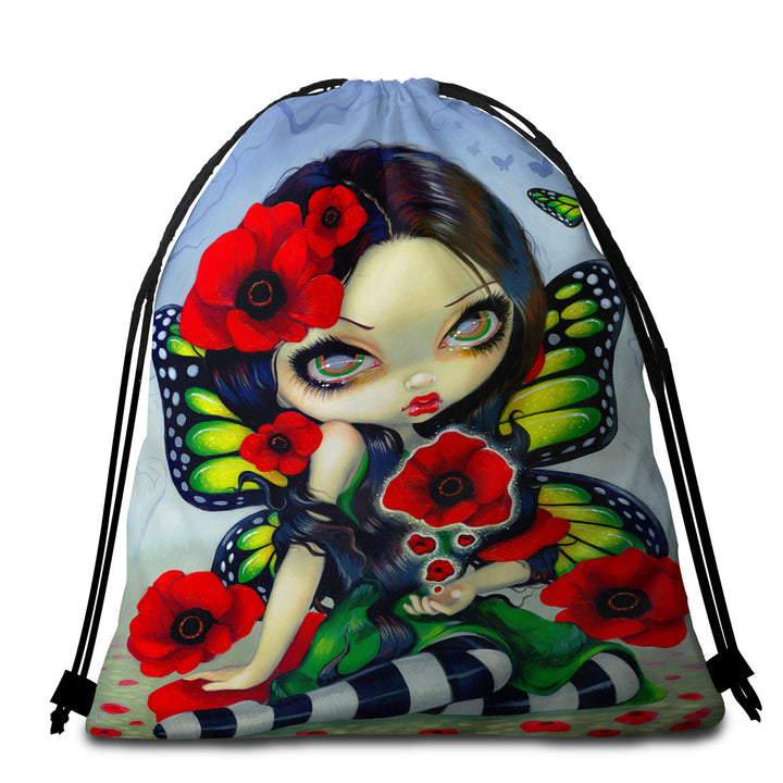 Lovely Big Eyed Butterfly Fairy with Red Poppies Beach Towel Bags