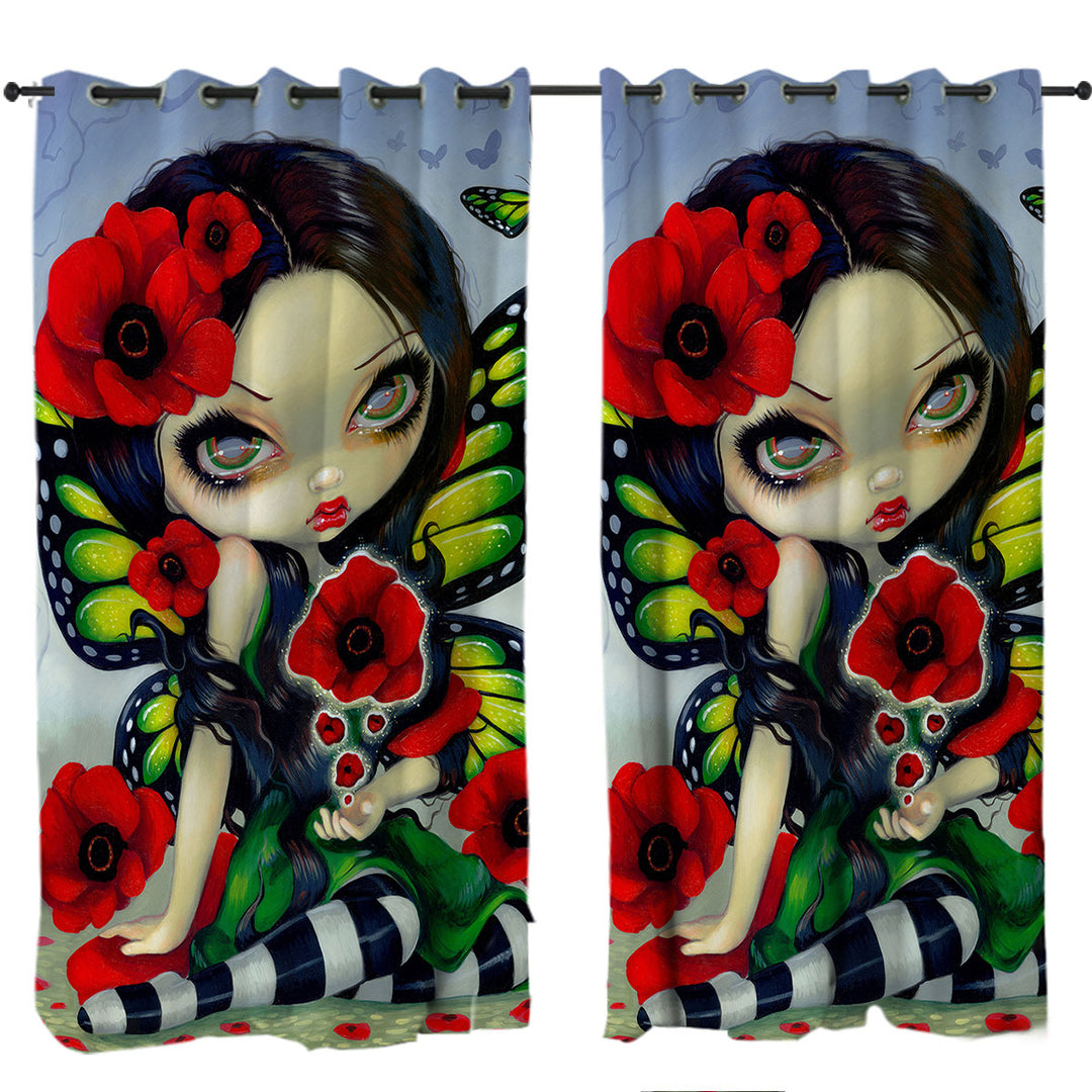 Lovely Big Eyed Butterfly Fairy with Red Poppies Curtains