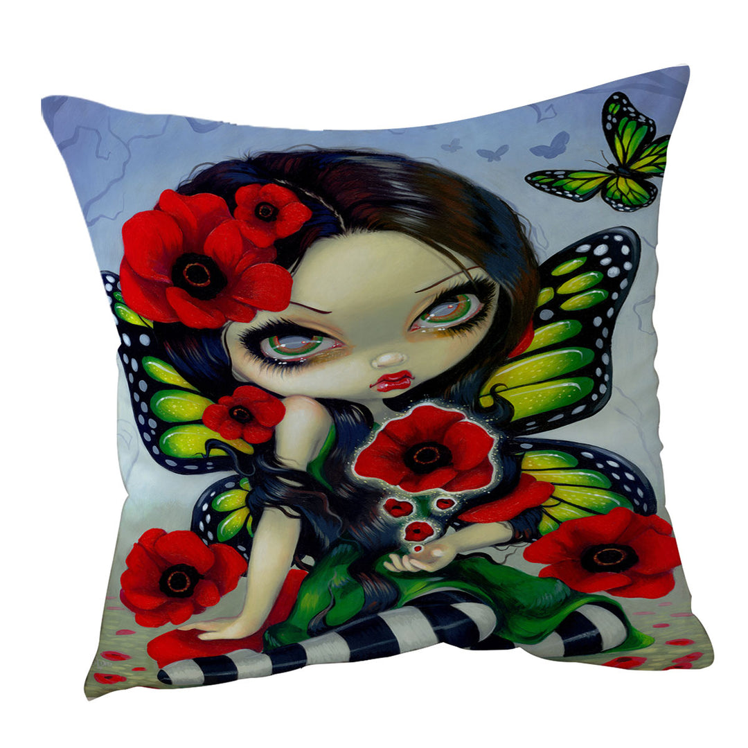 Lovely Big Eyed Butterfly Fairy with Red Poppies Cushion Covers