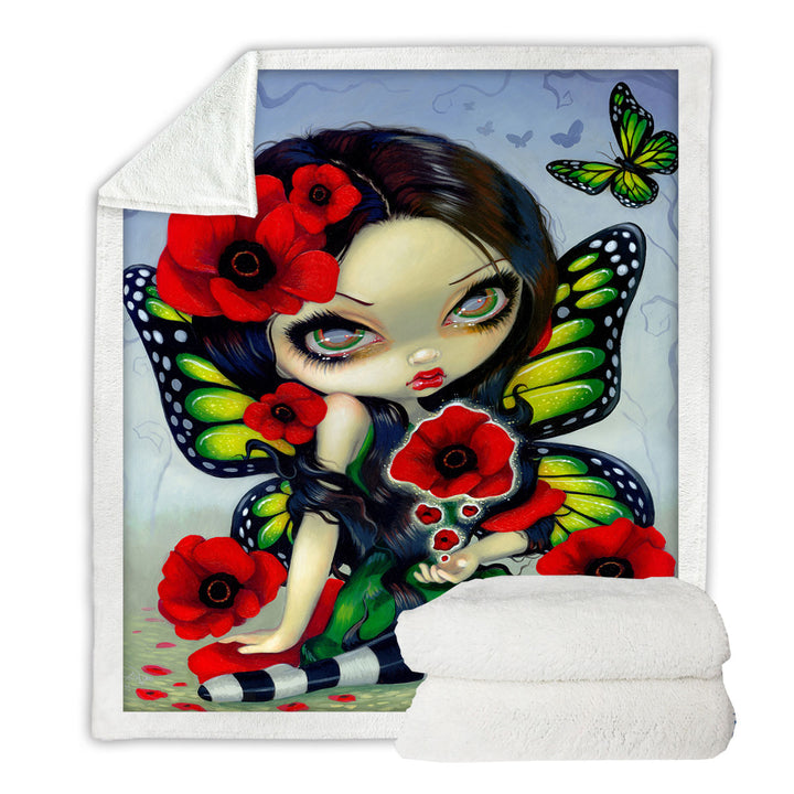 Lovely Big Eyed Butterfly Fairy with Red Poppies Fleece Blankets