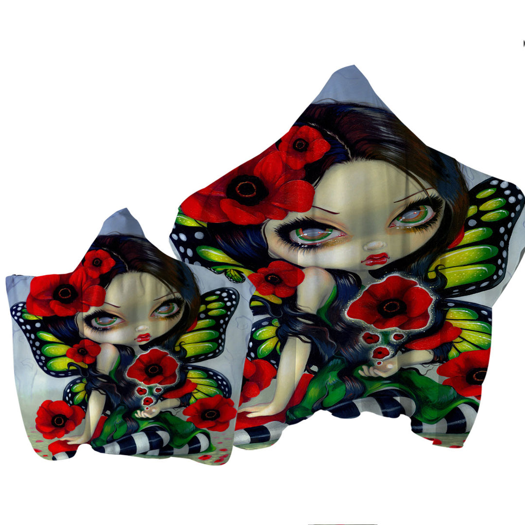 Lovely Big Eyed Butterfly Fairy with Red Poppies Hooded Beach Towel