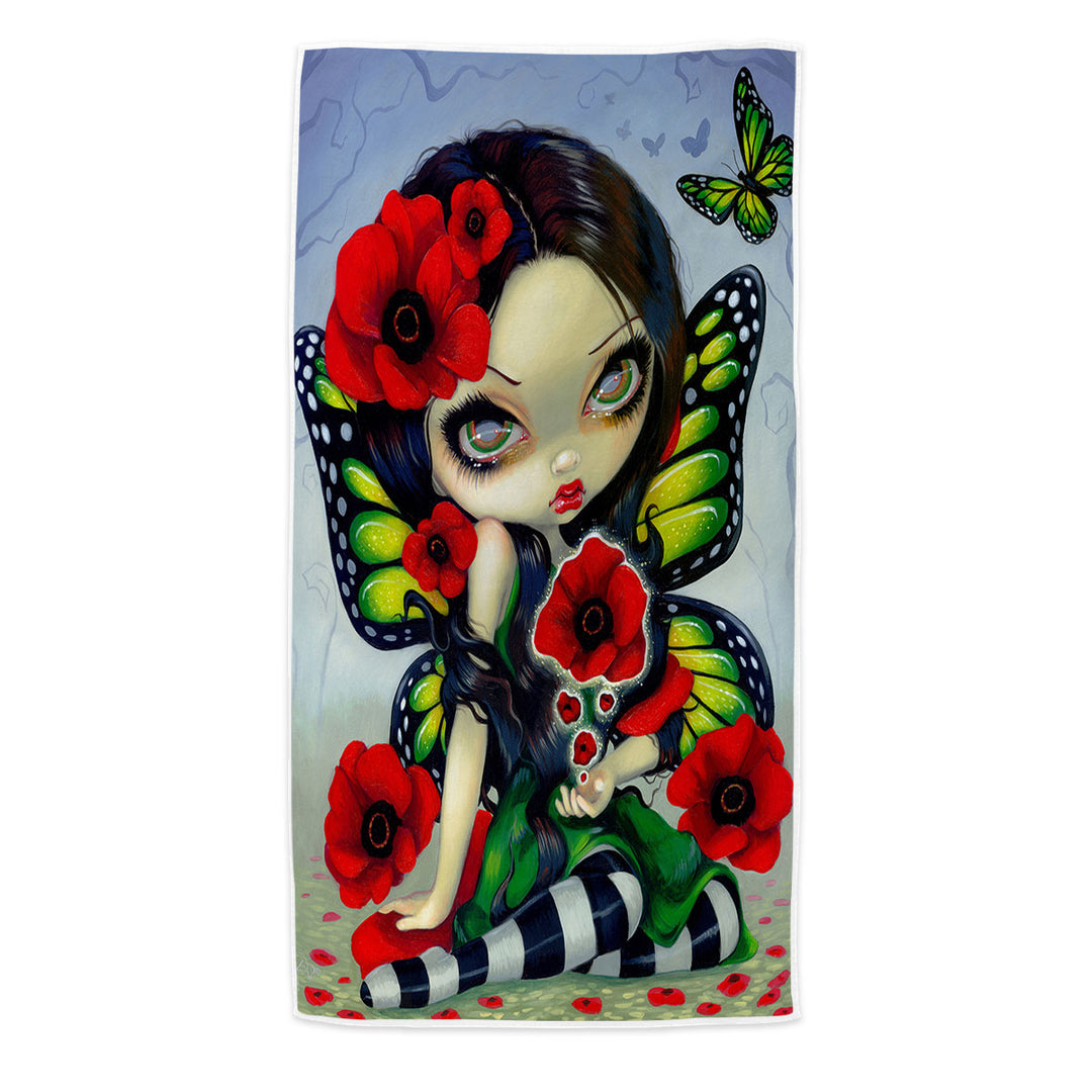 Lovely Big Eyed Butterfly Fairy with Red Poppies Microfiber Beach Towel