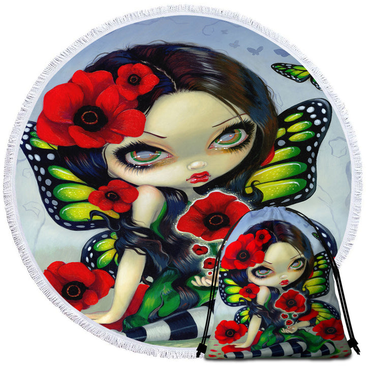 Lovely Big Eyed Butterfly Fairy with Red Poppies Microfibre Beach Towels