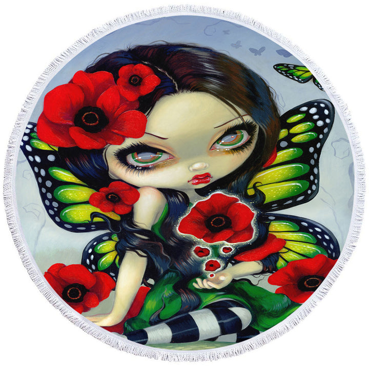 Lovely Big Eyed Butterfly Fairy with Red Poppies Round Beach Towel