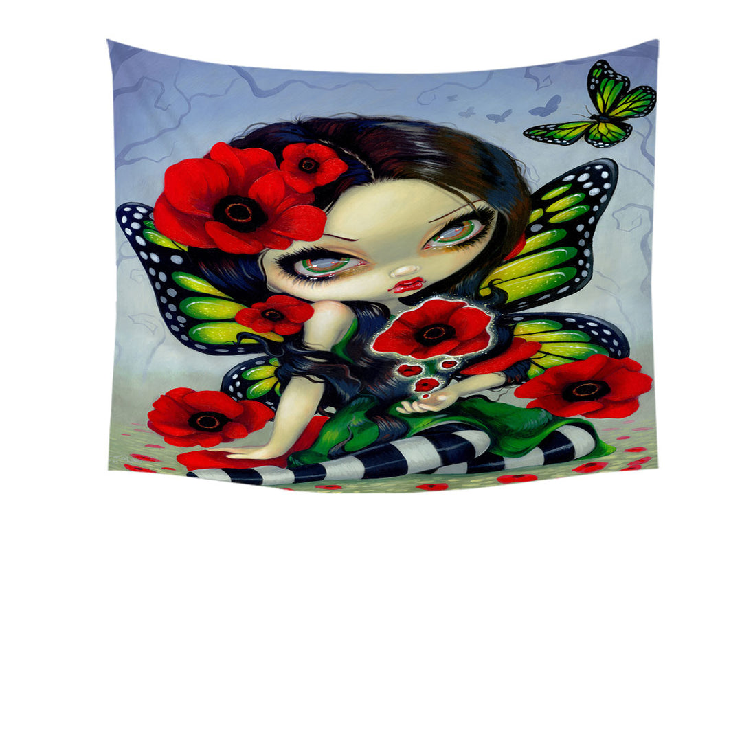 Lovely Big Eyed Butterfly Fairy with Red Poppies Tapestry Wall Decor