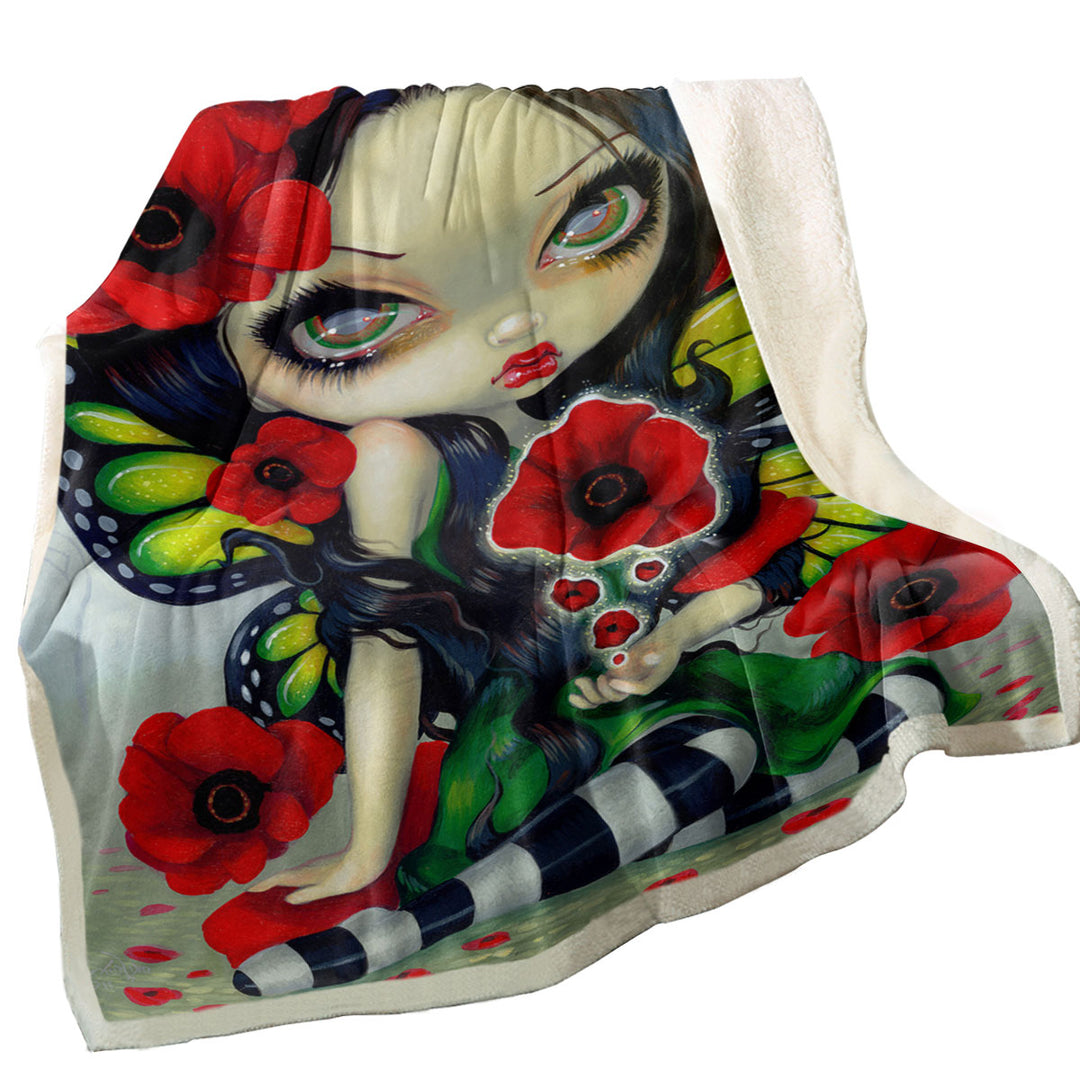 Lovely Big Eyed Butterfly Fairy with Red Poppies Throws