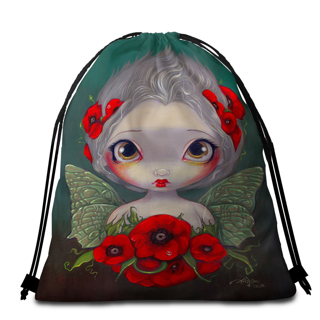 Lovely Big Eyed Fairy Portrait with Red Poppies Beach Towel Pack