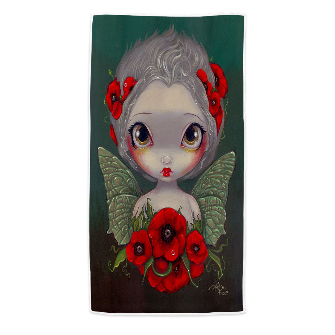 Lovely Big Eyed Fairy Portrait with Red Poppies Beach Towels