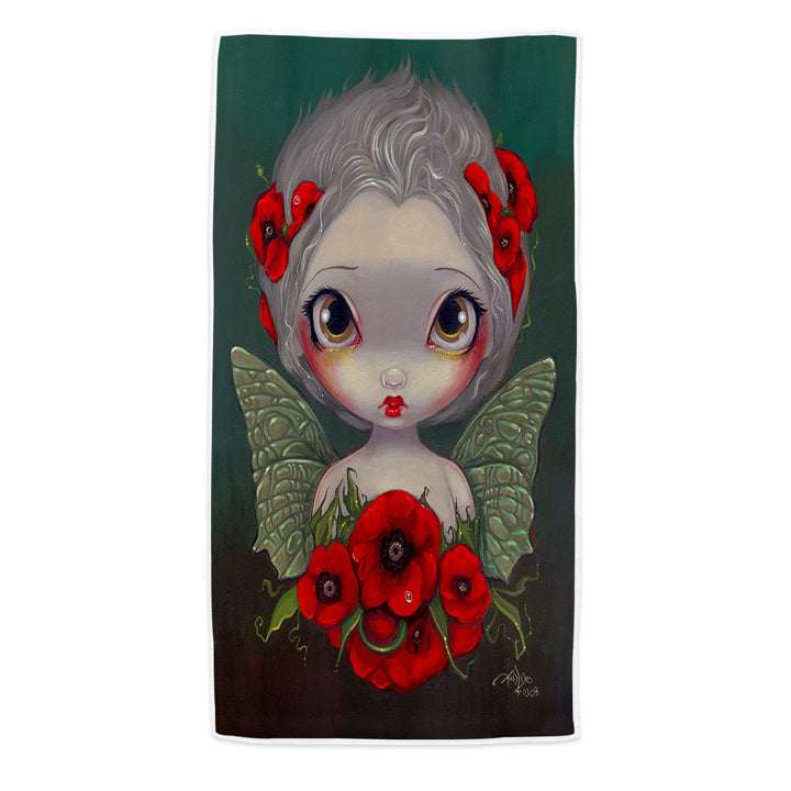 Lovely Big Eyed Fairy Portrait with Red Poppies Beach Towels