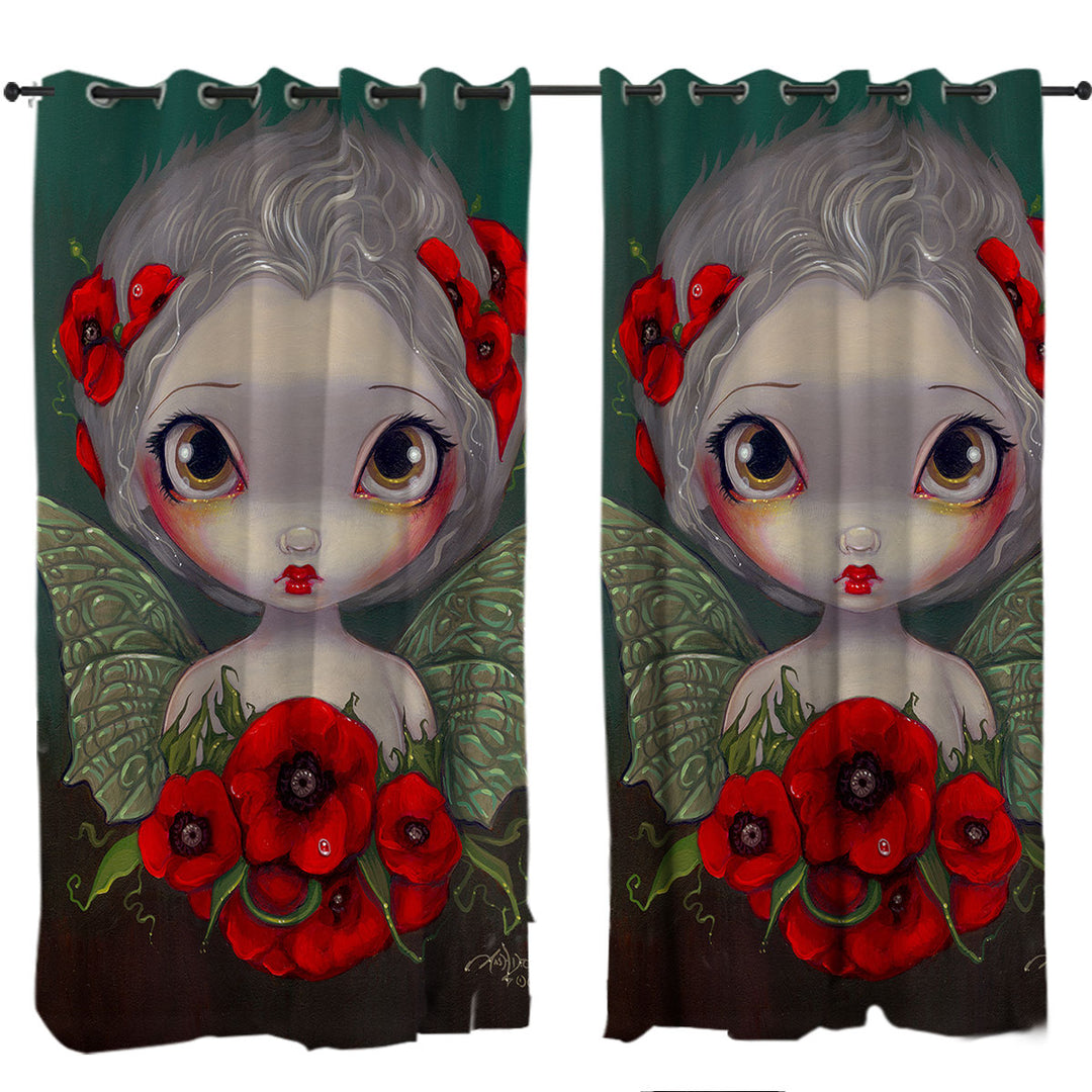 Lovely Big Eyed Fairy Portrait with Red Poppies Curtain