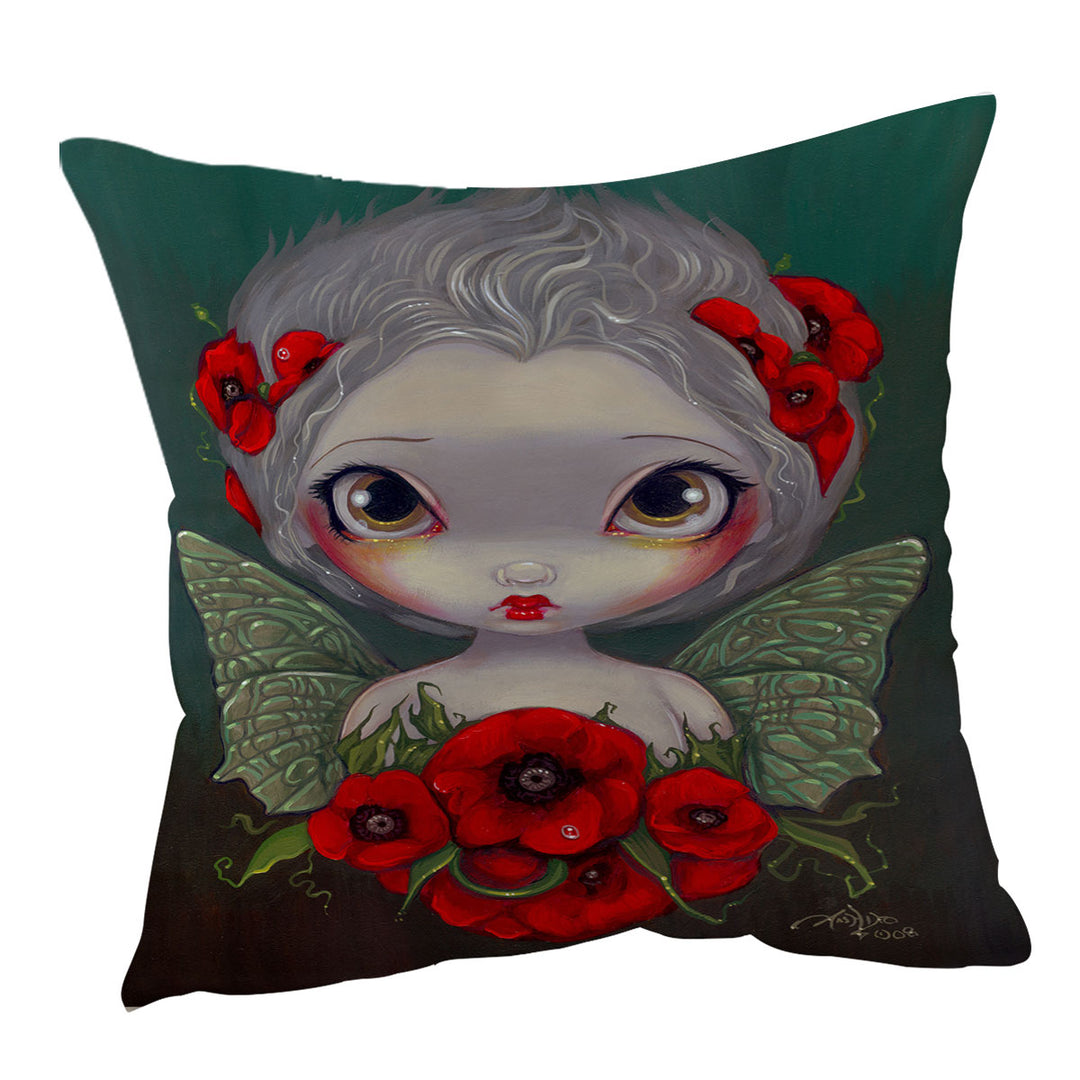 Lovely Big Eyed Fairy Portrait with Red Poppies Cushion Cover