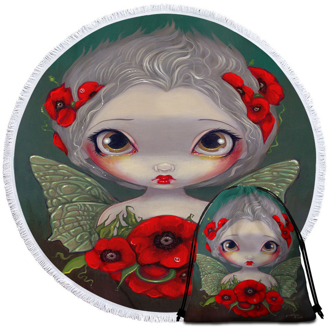 Lovely Big Eyed Fairy Portrait with Red Poppies Lightweight Beach Towel