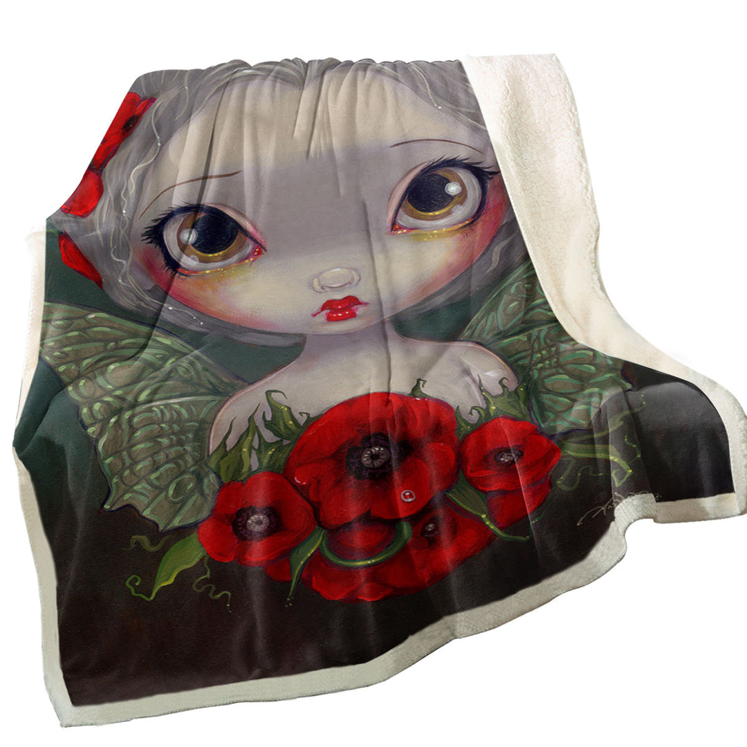 Lovely Big Eyed Fairy Portrait with Red Poppies Sherpa Blanket