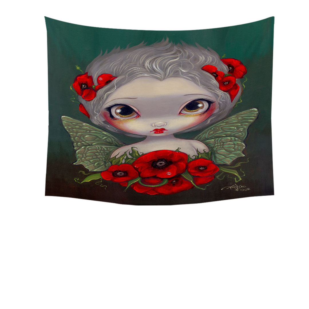 Lovely Big Eyed Fairy Portrait with Red Poppies Tapestry Wall Decor