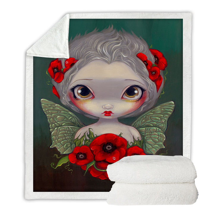 Lovely Big Eyed Fairy Portrait with Red Poppies Throw Blanket