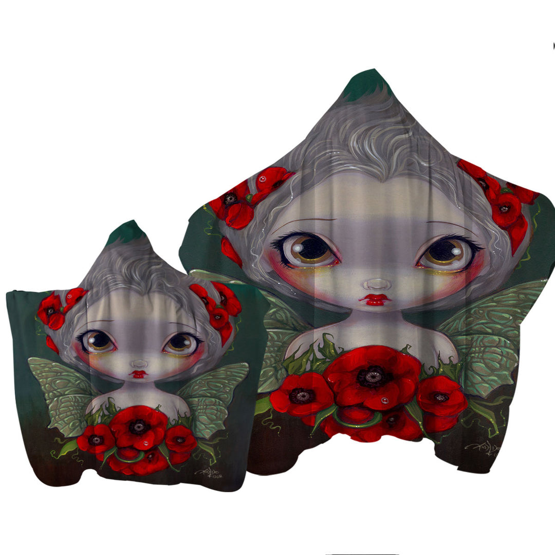 Lovely Big Eyed Fairy Portrait with Red Poppies Towel with Hood