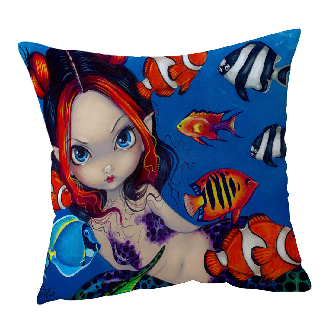 Lovely Fantasy Creature Mermaid with Tropical Fish Cushion Cover