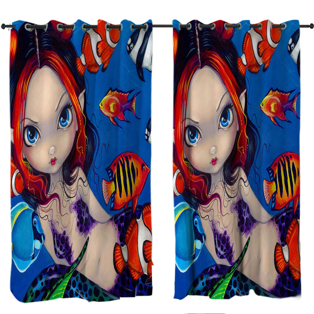 Lovely Fantasy Creature Mermaid with Tropical Fish Custom Drapes