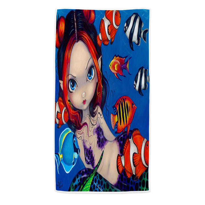 Lovely Fantasy Creature Mermaid with Tropical Fish Microfiber Beach Towel