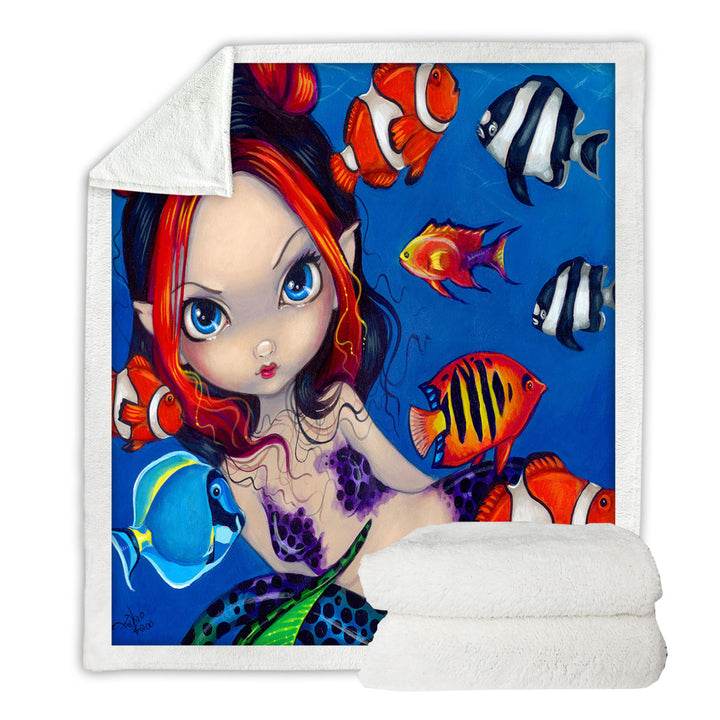 Lovely Fantasy Creature Mermaid with Tropical Fish Sherpa Blanket