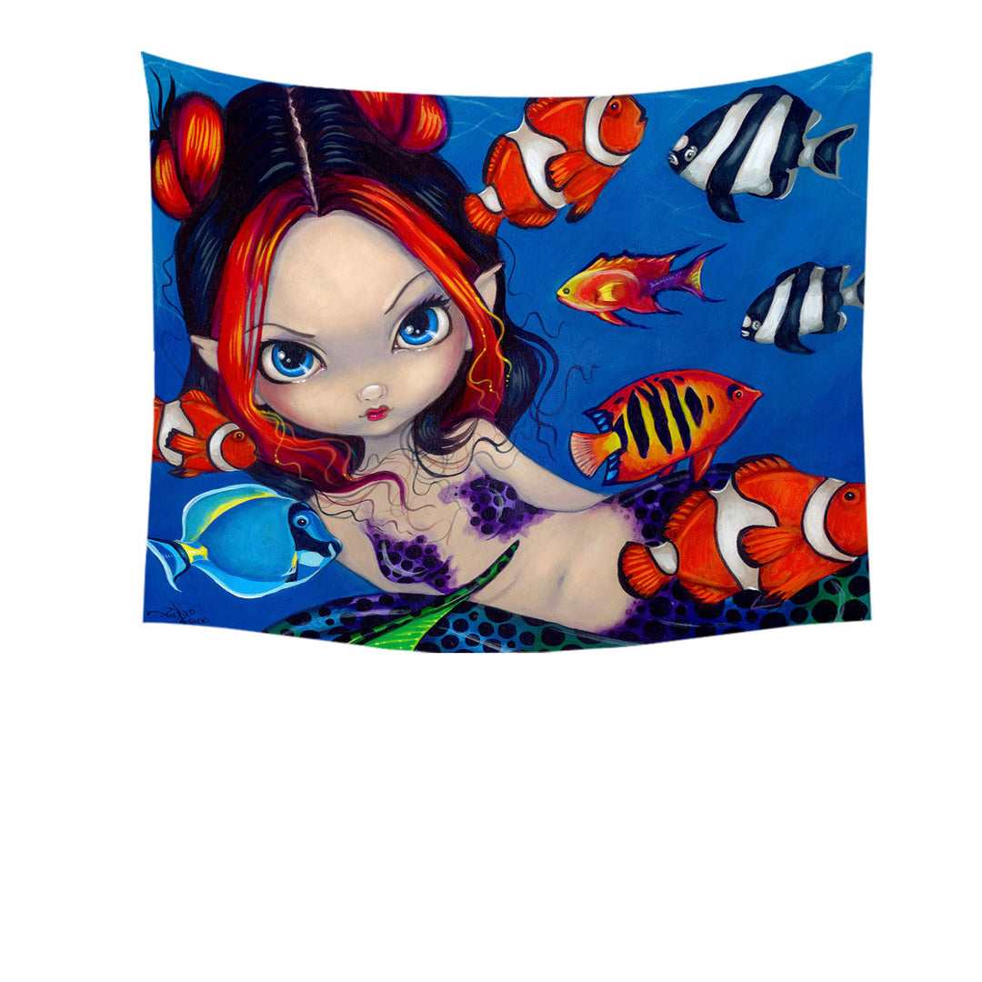 Lovely Fantasy Creature Mermaid with Tropical Fish Tapestry