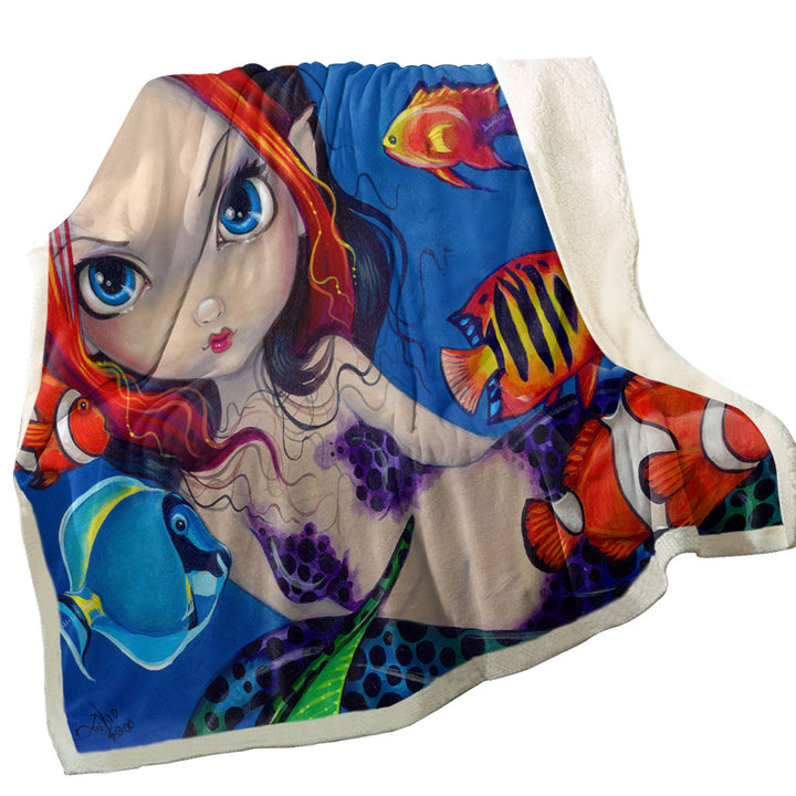 Lovely Fantasy Creature Mermaid with Tropical Fish Throw Blanket