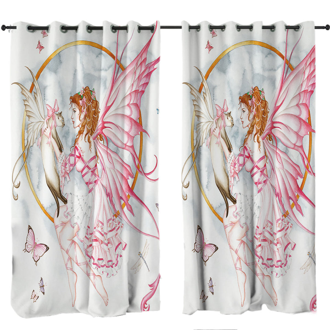 Lovely Fantasy Drawing Butterflies Cat and Fairy Curtains