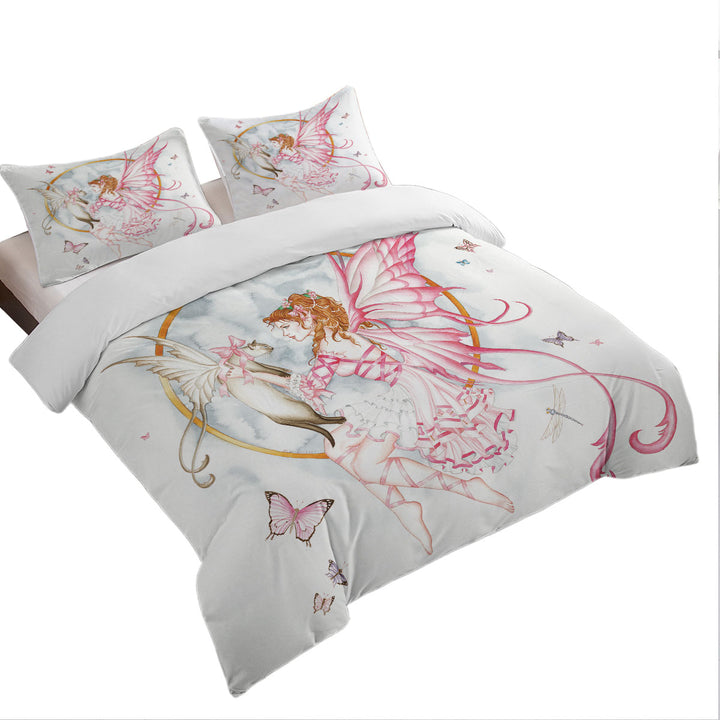 Lovely Fantasy Drawing Butterflies Cat and Fairy Duvet Cover