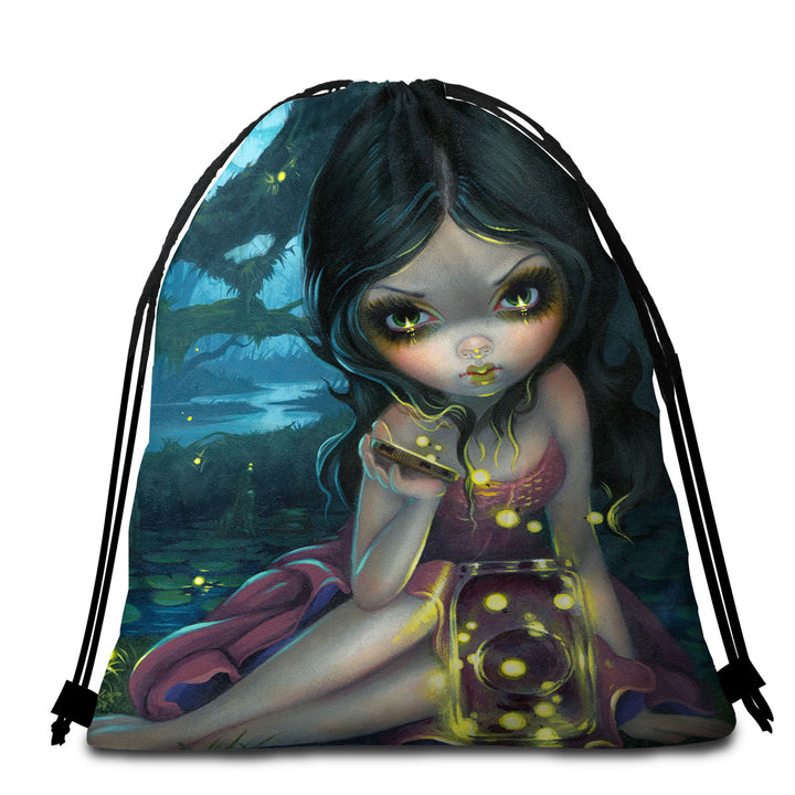 Lovely Maiden Releasing Fireflies Beach Towel Bags