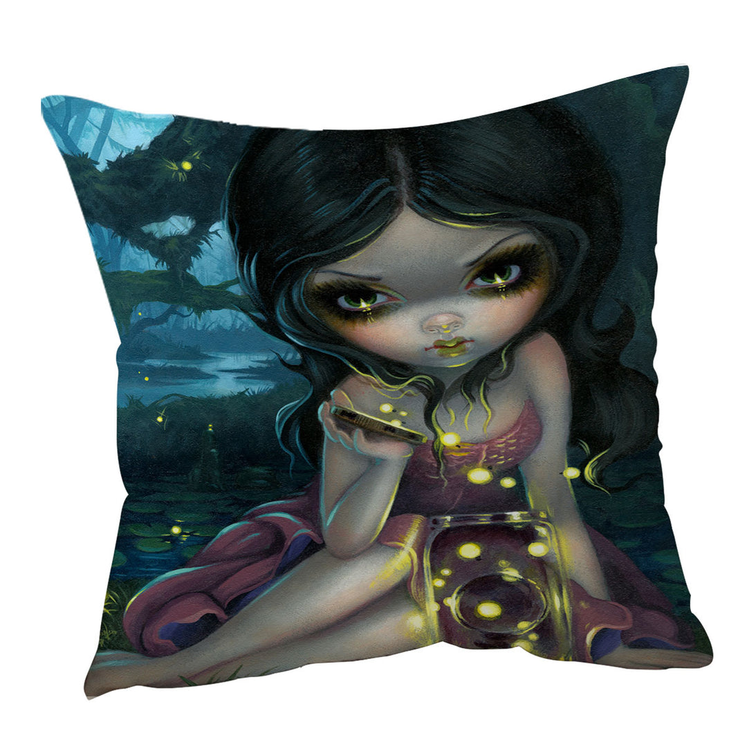 Lovely Maiden Releasing Fireflies Cushion Cover