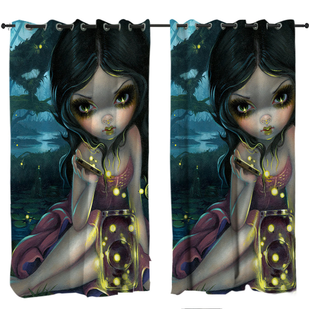 Lovely Maiden Releasing Fireflies in the Forest Curtains for Living Room