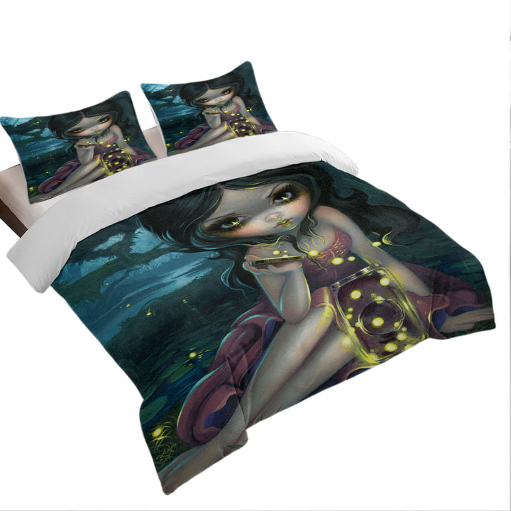 Lovely Maiden Releasing Fireflies in the Forest Duvet Cover set