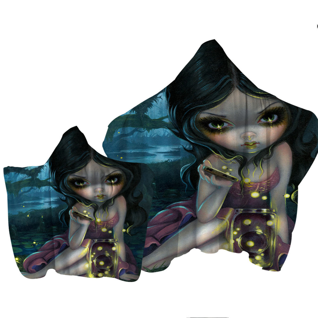 Lovely Maiden Releasing Fireflies in the Forest Hooded Beach Towel