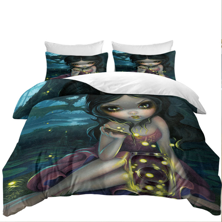 Lovely Maiden Releasing Fireflies in the Forest full Size Duvet Cover