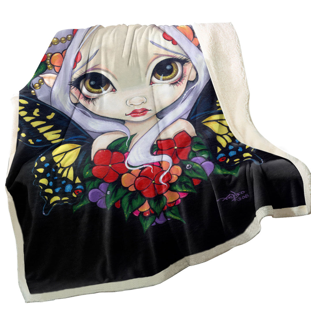 Lovely Throw Blanket Big Eyed Fairy and Flowers Impatiens Fairy