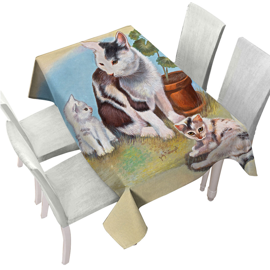 Lovey Cat Art Painting Momma Cat and Kittens Custom tablecloths