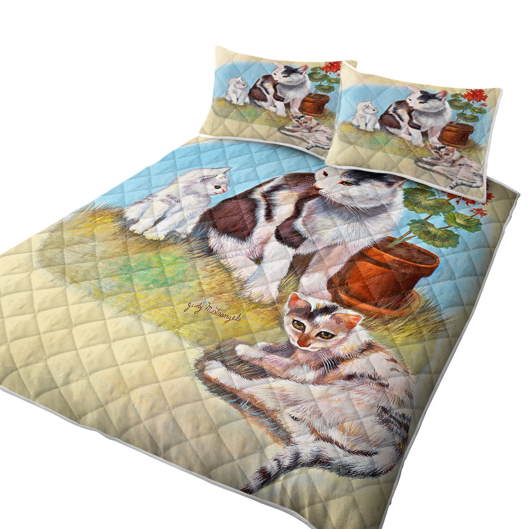 Lovey Cat Art Painting Momma Cat and Kittens King Size Bedspreads