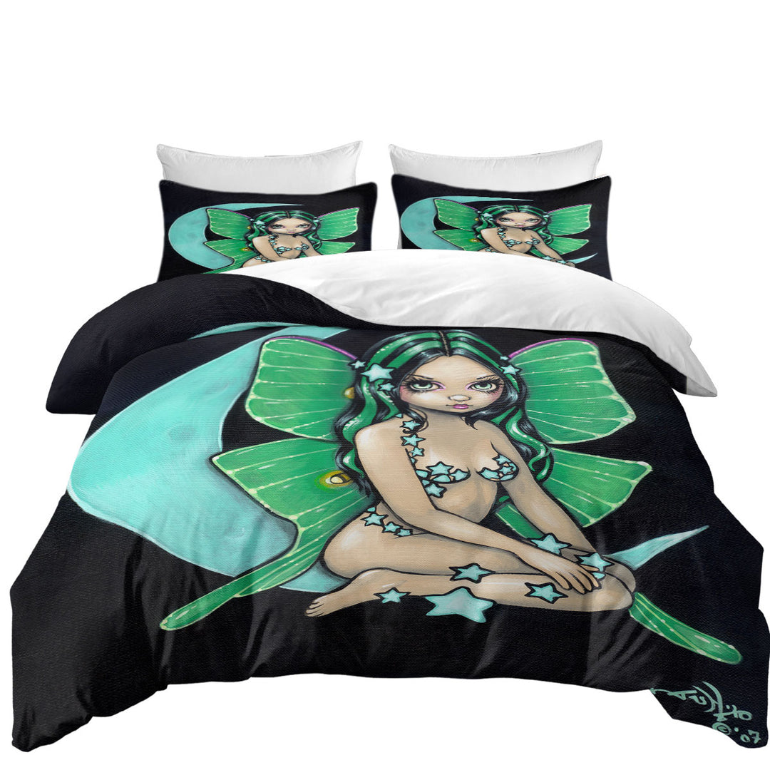 Luna a Star Studded Green Highlights Little Fairy Twin xl Duvet Covers