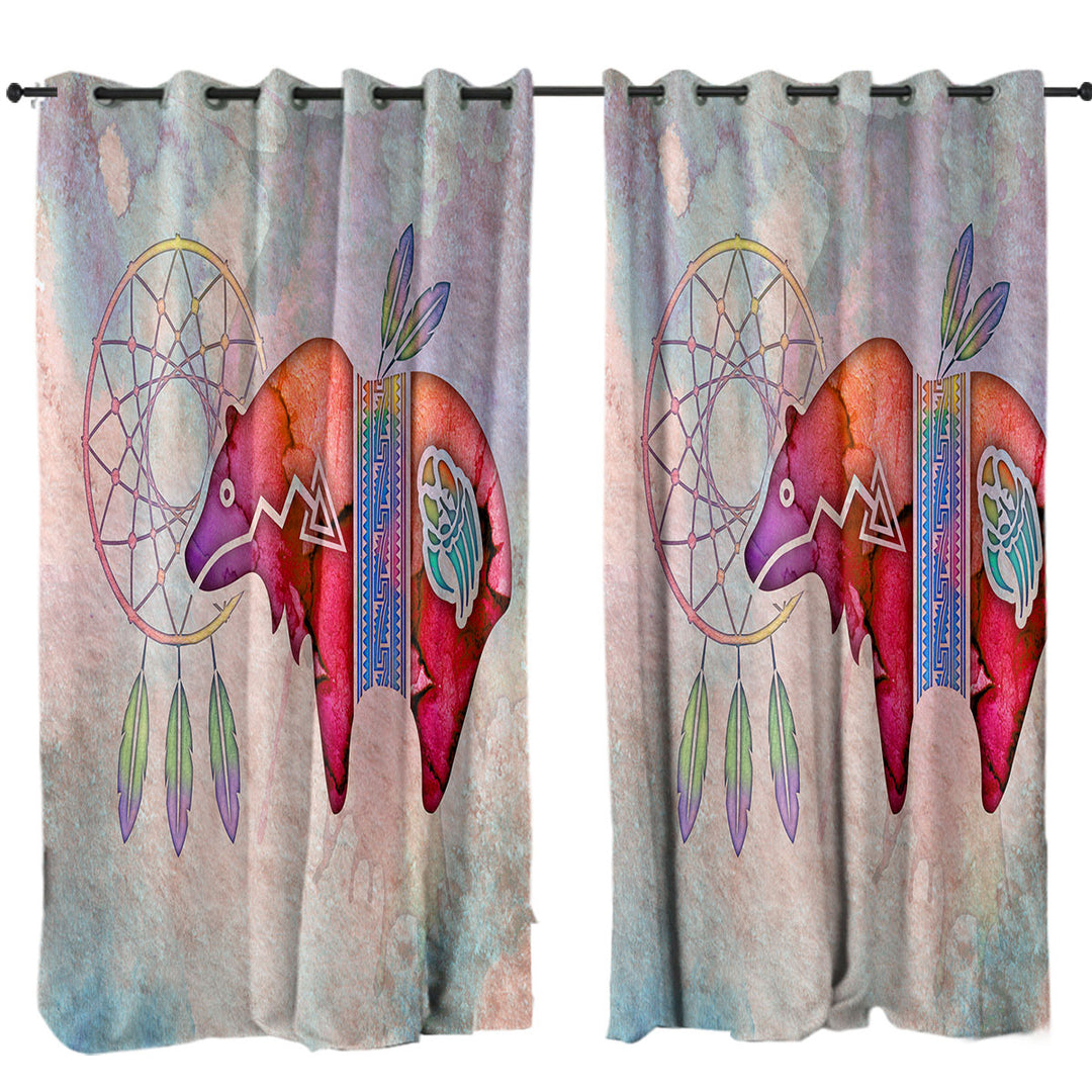 Made to Measure Curtains with Native American Art Painted Dream Catcher and Bear