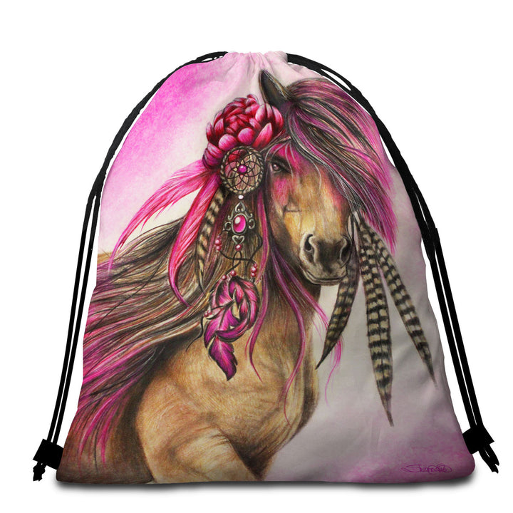 Magenta Warrior Native American Horse Beach Towel Bags