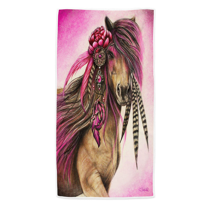 Magenta Warrior Native American Horse Beach Towels