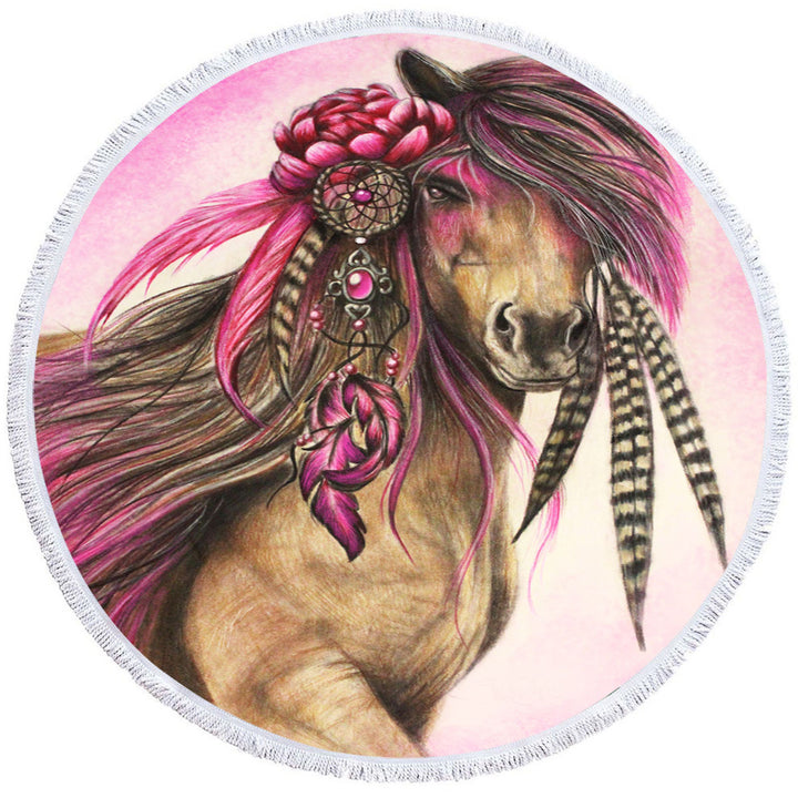 Magenta Warrior Native American Horse Girls Beach Towels