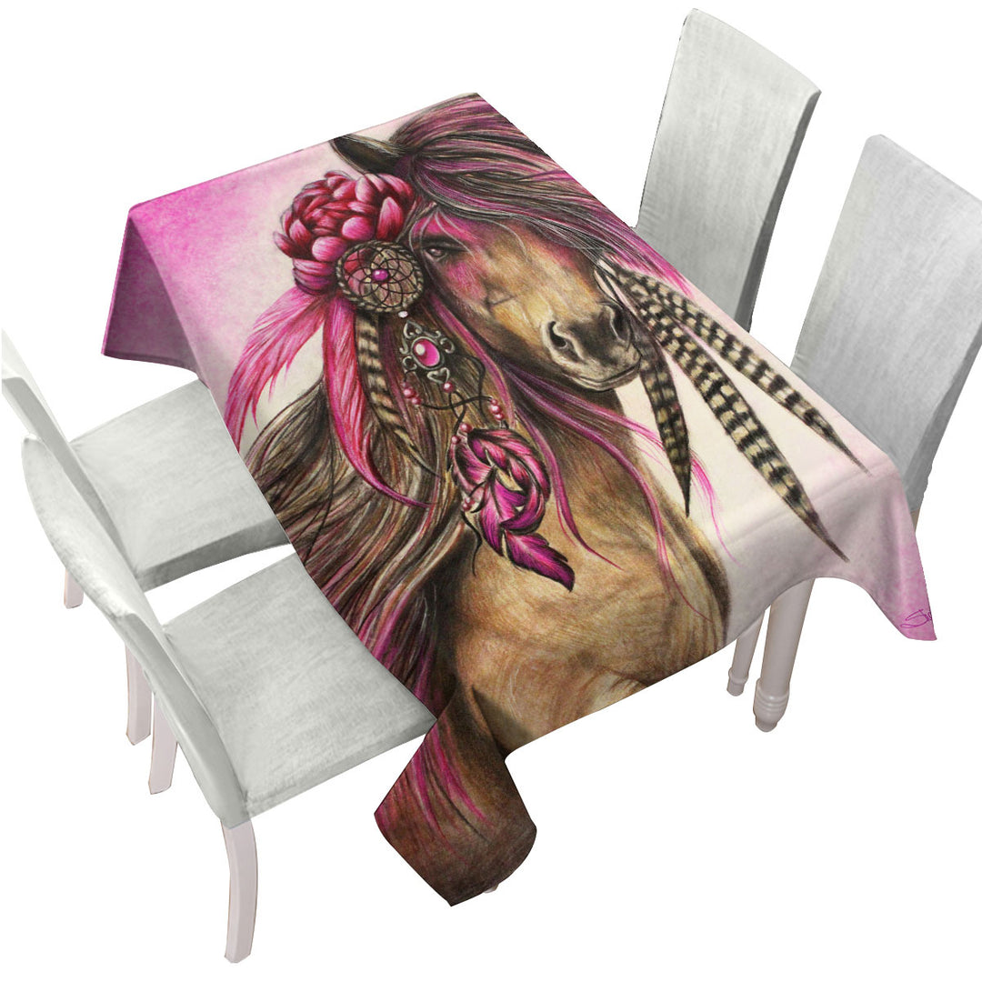 Magenta Warrior Native American Horse Printed Tablecloth