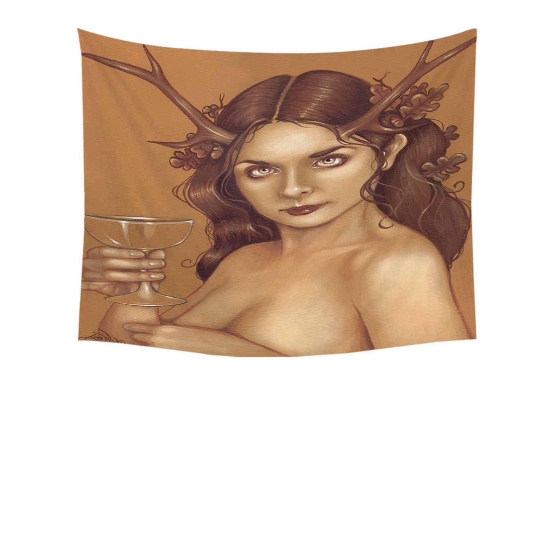 Magical Chalice Antlers and Oak Leaves Woman Tapestry