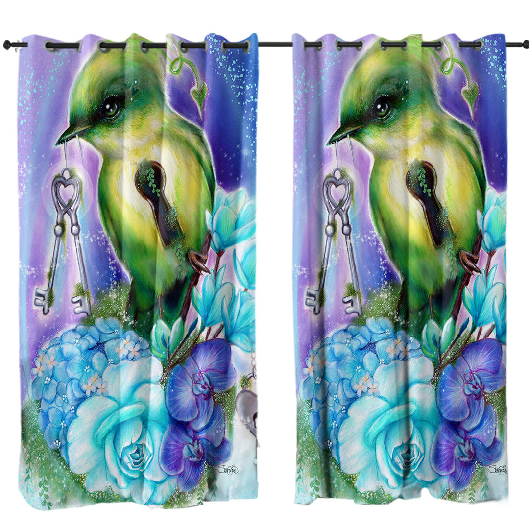 Magical Fantasy Art Key Bird with Flowers Curtains