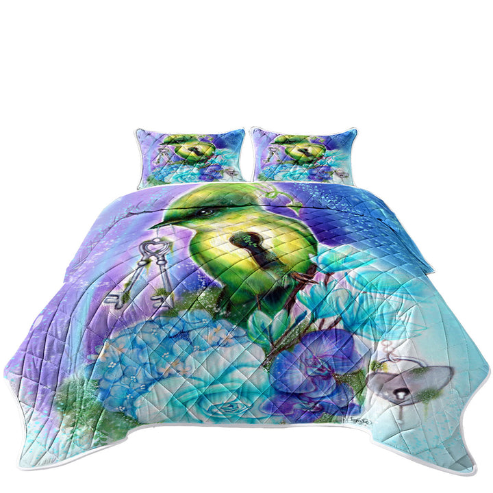 Magical Fantasy Art Key Bird with Flowers Quilt