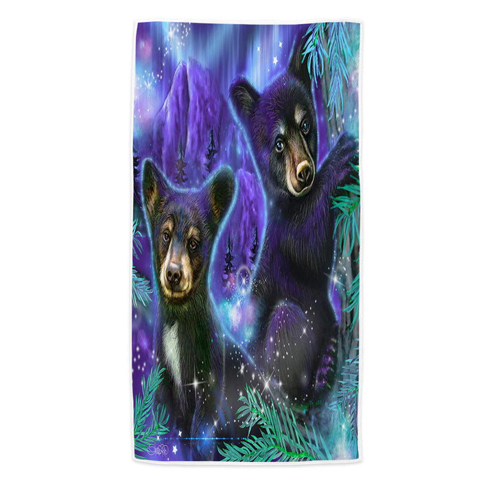 Magical Forest Purple Sky Black Bear Cubs Beach Towel