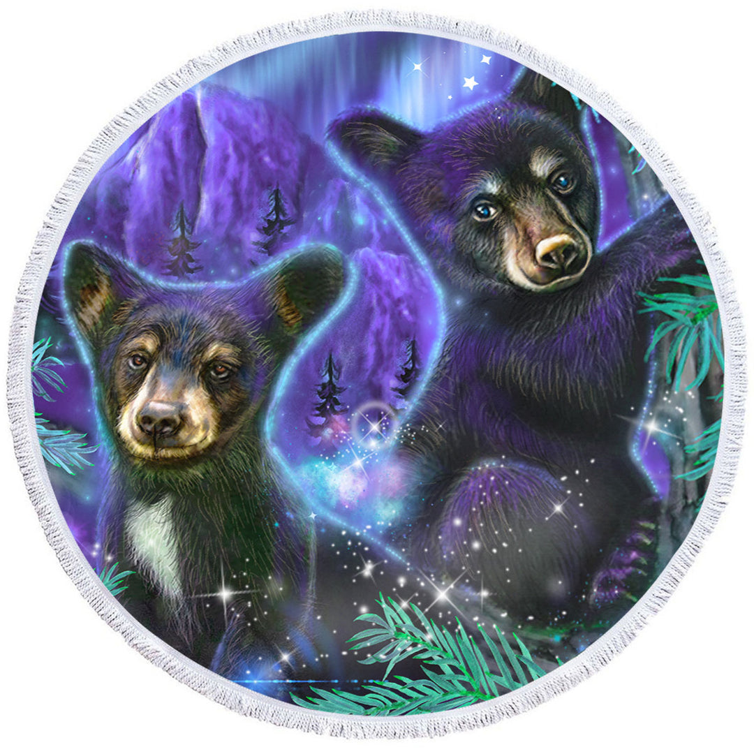 Magical Forest Purple Sky Black Bear Cubs Circle Beach Towel