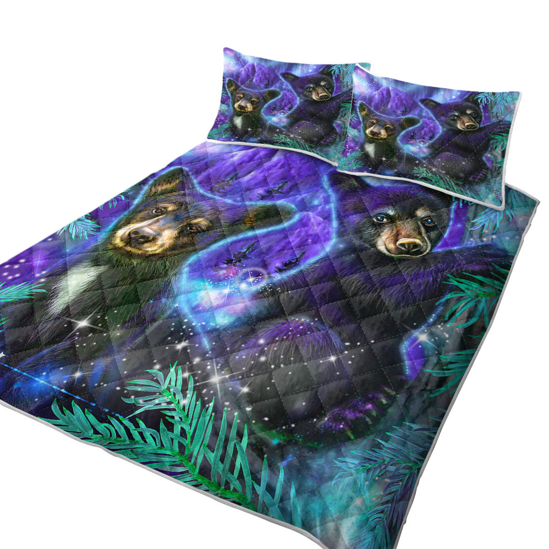 Magical Forest Purple Sky Black Bear Cubs Coverlet